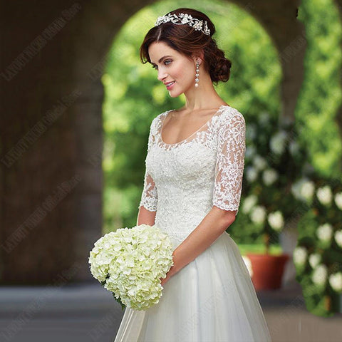 Lace Half Sleeves Wedding Dress For Bridal Illusion Appliques Buttons Back robe de mariée grande taille Custom Made