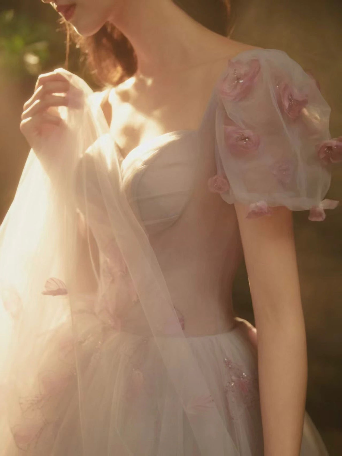 Romantic Lavender-Pink Sweetheart Tulle Ball Gown with 3D Floral Puff Sleeves by ZAPDRESS