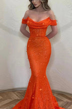 Orange Long Mermaid Off The Shoulder Sequins Prom Dress by BIZTUNNEL