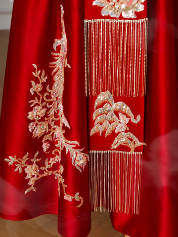 Gorgeous Red Satin Sequin Embroidery A Line Prom Dress Strapless Evening Dress Y8631