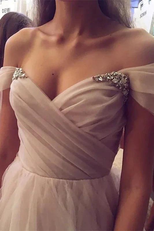 Elegant Long A-line Off the Shoulder Tulle Prom Dresses by BIZTUNNEL