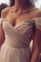 Elegant Long A-line Off the Shoulder Tulle Prom Dresses by BIZTUNNEL