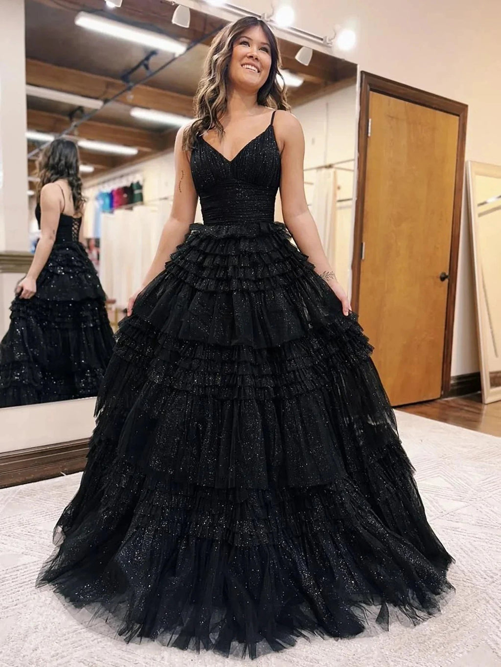 Emerson |A-Line Deep V Neck Tiered Long Glitter Tulle Prom Dress by KissProm