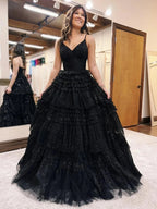 Emerson |A-Line Deep V Neck Tiered Long Glitter Tulle Prom Dress by KissProm