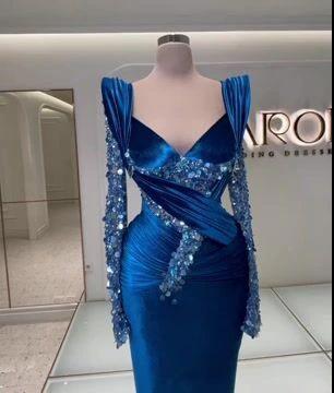 Royal Blue Mermaid Prom Dress with Elegant Long Sleeves and Sparkling Beadwork by BIZTUNNEL