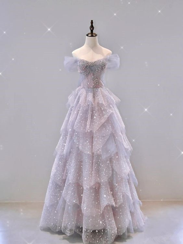 Hermoso vestido de fiesta de tul con hombros descubiertos, vestido de noche Y7580