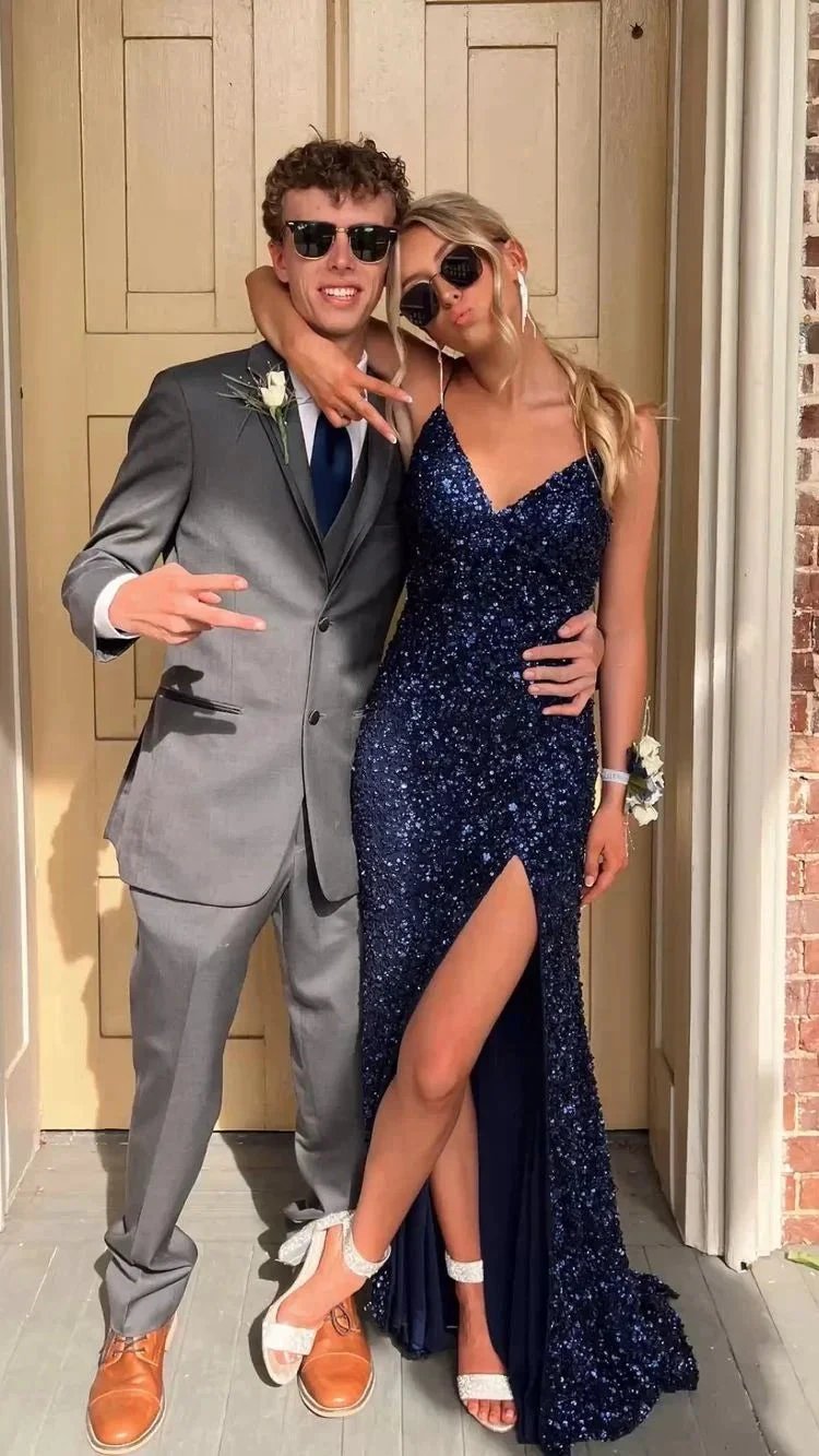 Blue Sequins Long Prom Dress Side Slit Glitter Evening Dress Y435 by simplepromdress
