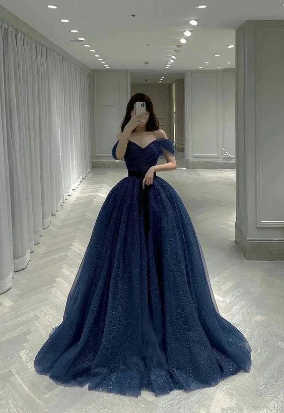 Off The Shoulder Blue Sparkly Evening Dress Generous A-line Prom Dress Y389 by simplepromdress