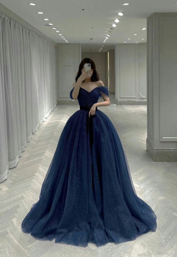 Off The Shoulder Blue Sparkly Evening Dress Generous A-line Prom Dress Y389 Hover Image
