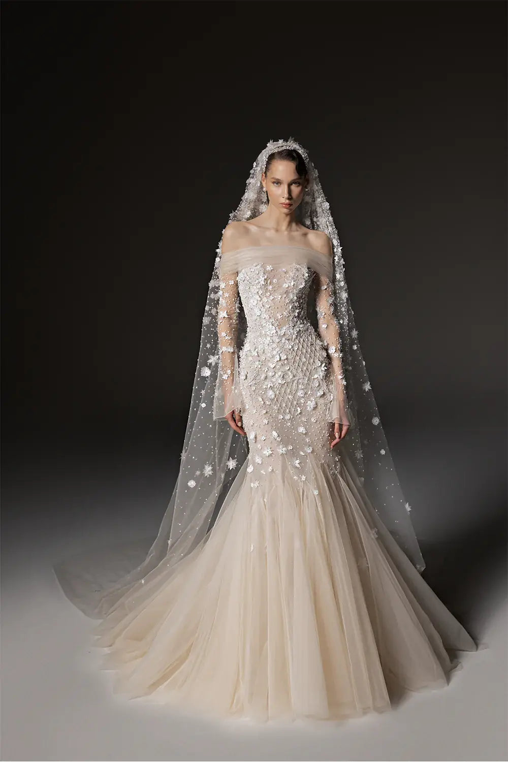 Glamorous Champagne Off-the-Shoulder Beaded Floral Mermaid Wedding Dress with Veil SW670