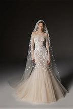 Glamorous Champagne Off-the-Shoulder Beaded Floral Mermaid Wedding Dress with Veil SW670