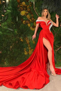 Red Long V-Neck Off The Shoulder Satin Beads Mermaid Prom Dress With Slit by BIZTUNNEL