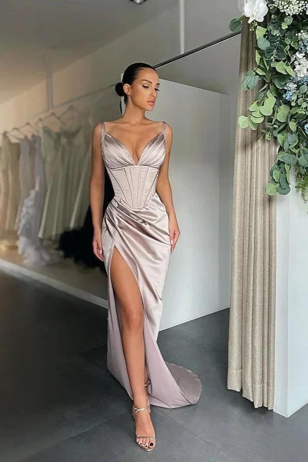 Spaghetti Straps Sleeveless V-Neck Split Prom Dress by BIZTUNNEL