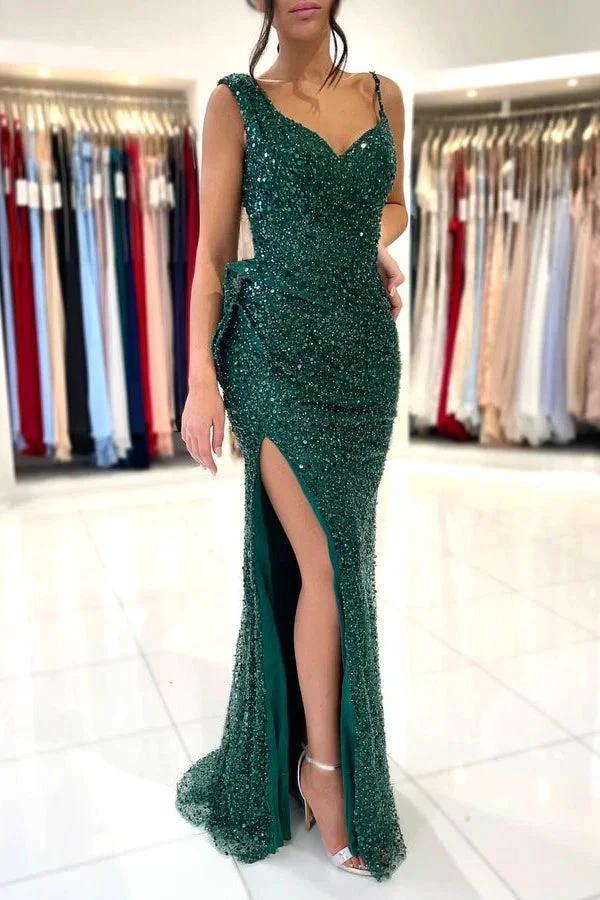 Spaghetti Strap Green Mermaid Long Prom Dress with Split Sequins by BIZTUNNEL