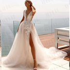 Popular V-neck Lace Applique A Line Wedding Dresses Backless Side Slit Custom Made Formal Bridal Grown 2024 by payinti