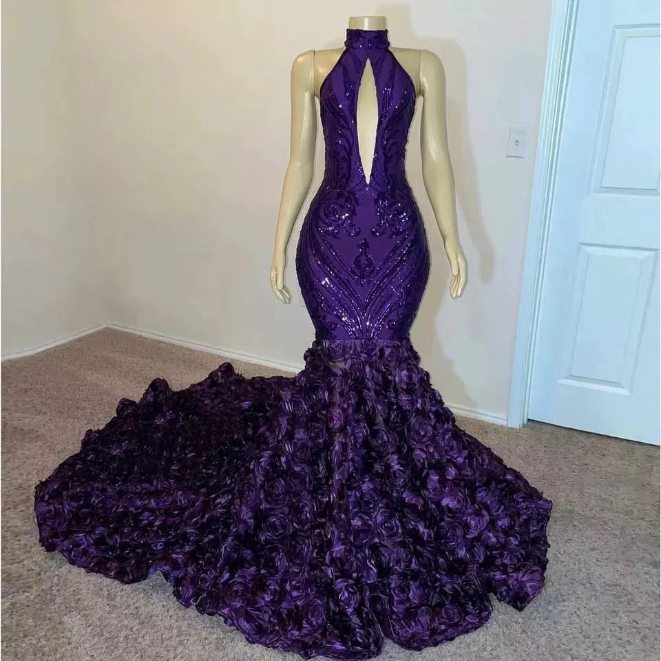 Purple Sequin Prom Dresses Mermaid Luxury for Black Girl High Neck with Flowers Women Evening Gowns for Wedding Gala Dress Y1846 by simplepromdress