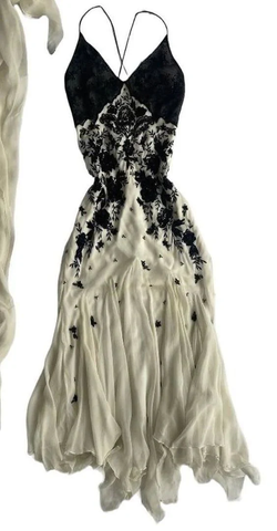 Vestido de fiesta largo de noche con tirantes finos color champán, de gasa y encaje negro, Y7480