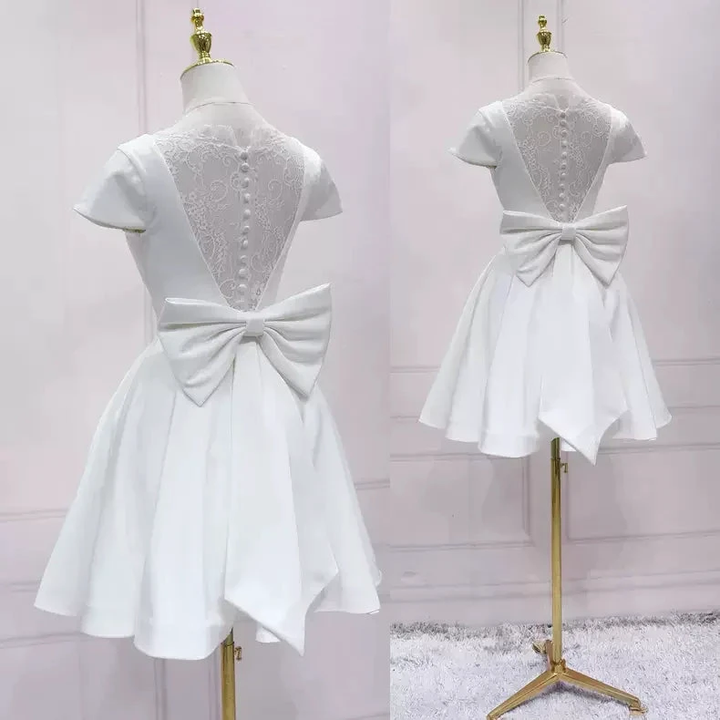 White Satin Short Homecoming Dress Lace Back s45 by simplepromdress