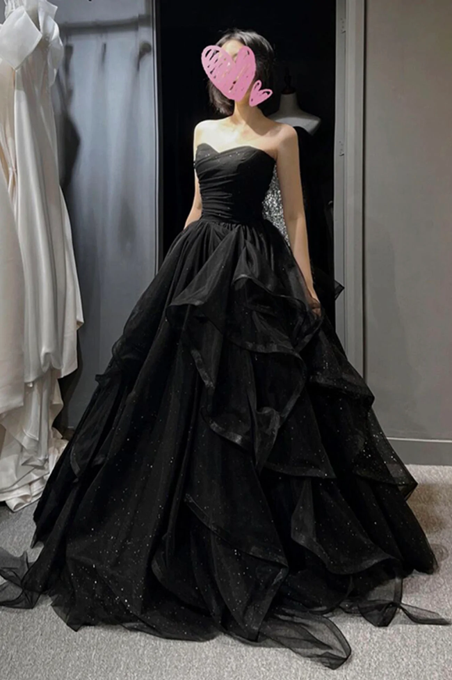 Black tulle long prom dress A line evening gown Y74 Hover Image