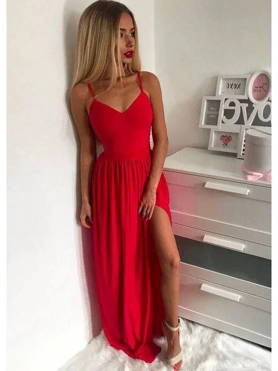Red Spaghetti Straps Evening Dress With Side Slit Y432 by simplepromdress