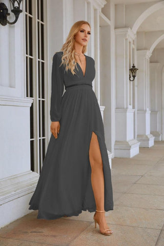 Ladies V Neck Chiffon Long Sleeve Front Slit Bridesmaid Evening Dress Wedding Party Shopping Evening Dress 28109