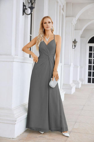 Ladies Chiffon Spaghetti Strap V Neck Front Slit Floor Length Bridesmaid Evening Dress Prom Party Wedding Evening Dress 28116