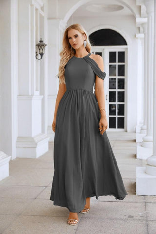 Ladies Chiffon Off Shoulder Swing Sleeve Front Slit Bridesmaid Evening Dress Wedding Party Evening Dress 28117