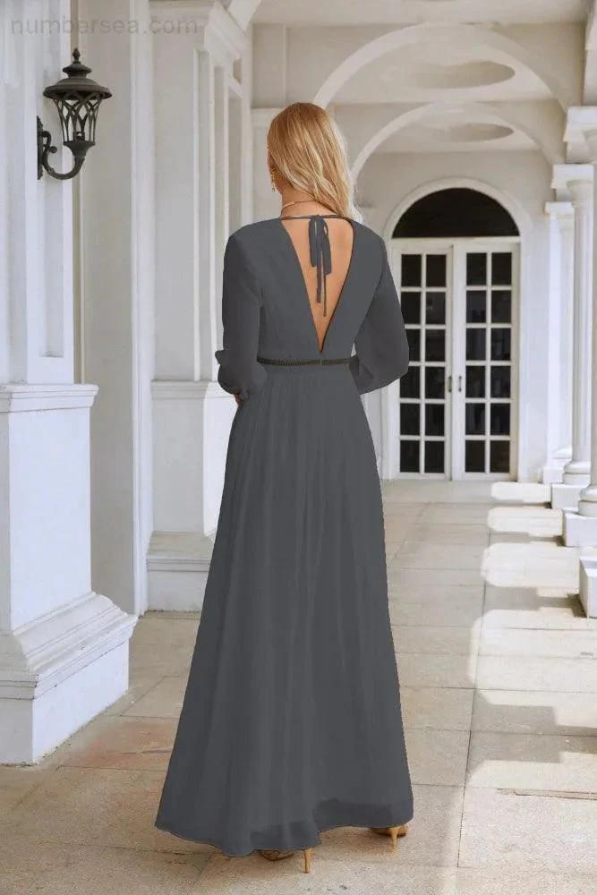 Ladies V Neck Chiffon Long Sleeve Front Slit Bridesmaid Evening Dress Wedding Party Shopping Evening Dress 28109 by numbersea