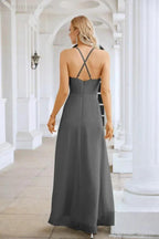 Ladies Chiffon Spaghetti Strap V Neck Front Slit Floor Length Bridesmaid Evening Dress Prom Party Wedding Evening Dress 28116 by numbersea