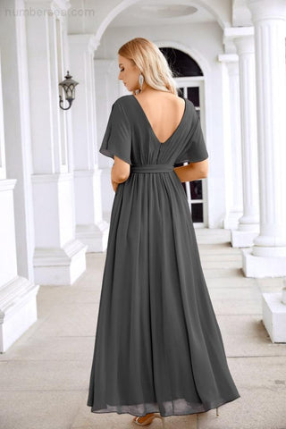 Ladies Chiffon Sleeve Crew Neck Front Slit Floor Length Bridesmaid Evening Dress Wedding Party Evening Dress 28124
