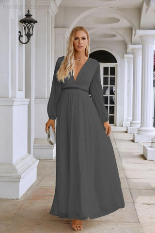 Ladies V Neck Chiffon Long Sleeve Front Slit Bridesmaid Evening Dress Wedding Party Shopping Evening Dress 28109