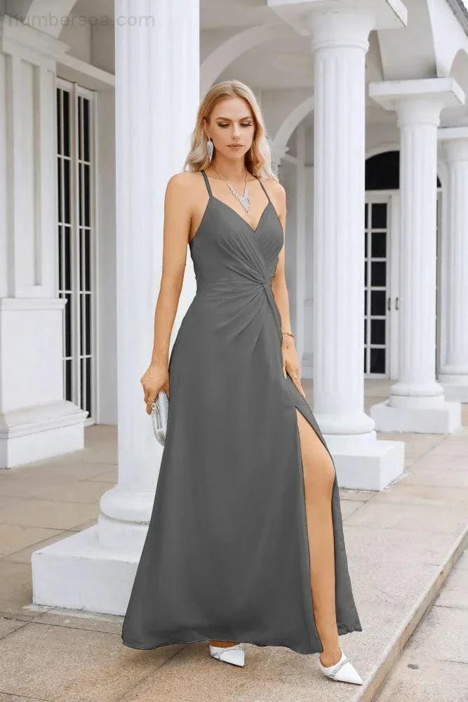 Ladies Chiffon Spaghetti Strap V Neck Front Slit Floor Length Bridesmaid Evening Dress Prom Party Wedding Evening Dress 28116 by numbersea