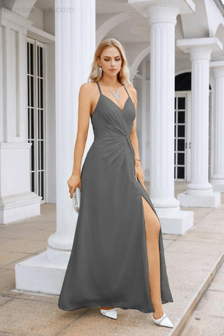 Ladies Chiffon Spaghetti Strap V Neck Front Slit Floor Length Bridesmaid Evening Dress Prom Party Wedding Evening Dress 28116