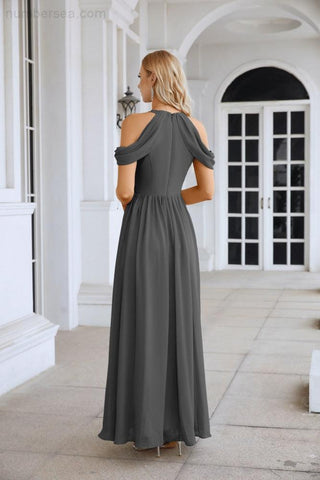 Ladies Chiffon Off Shoulder Swing Sleeve Front Slit Bridesmaid Evening Dress Wedding Party Evening Dress 28117