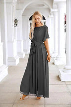 Ladies Chiffon Sleeve Crew Neck Front Slit Floor Length Bridesmaid Evening Dress Wedding Party Evening Dress 28124 by numbersea