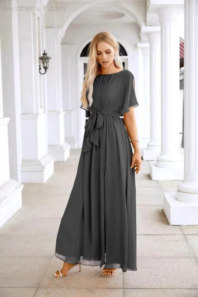 Ladies Chiffon Sleeve Crew Neck Front Slit Floor Length Bridesmaid Evening Dress Wedding Party Evening Dress 28124 by numbersea