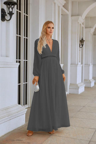Ladies V Neck Chiffon Long Sleeve Front Slit Bridesmaid Evening Dress Wedding Party Shopping Evening Dress 28109