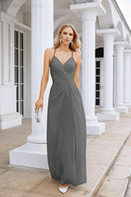 Ladies Chiffon Spaghetti Strap V Neck Front Slit Floor Length Bridesmaid Evening Dress Prom Party Wedding Evening Dress 28116 by numbersea