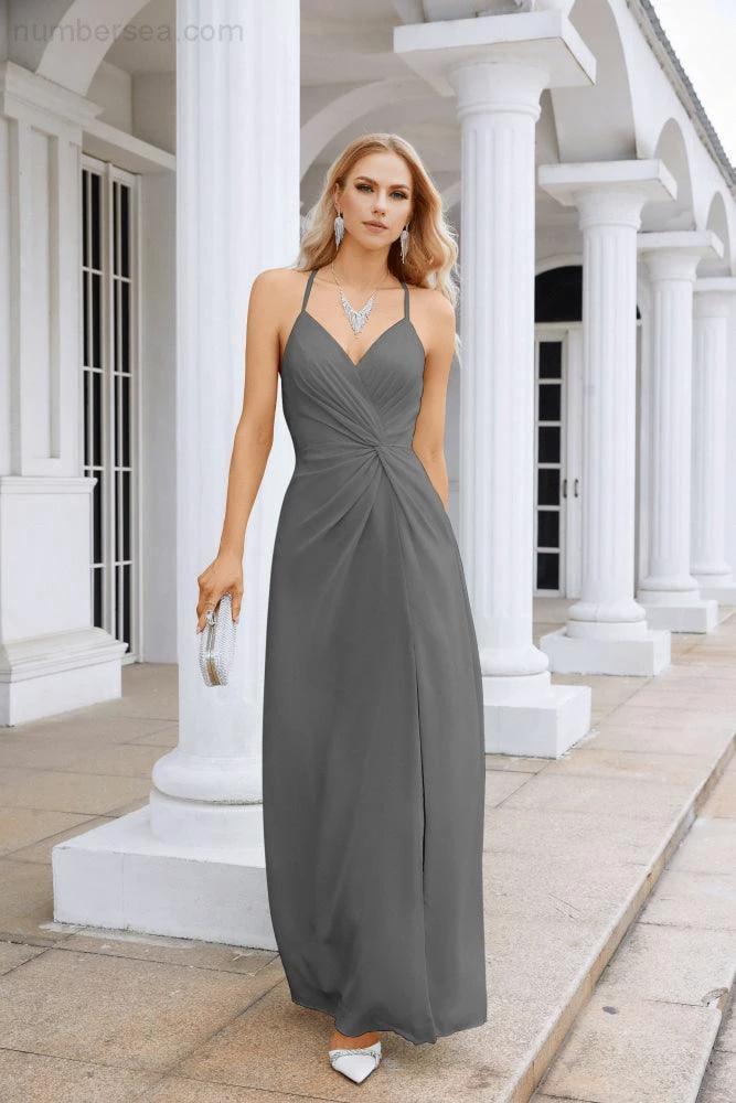 Ladies Chiffon Spaghetti Strap V Neck Front Slit Floor Length Bridesmaid Evening Dress Prom Party Wedding Evening Dress 28116 by numbersea
