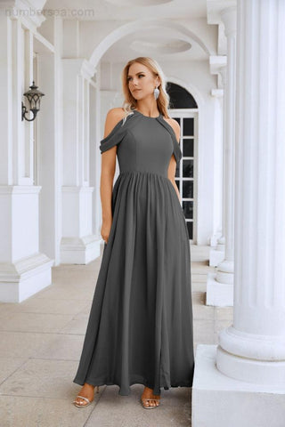 Ladies Chiffon Off Shoulder Swing Sleeve Front Slit Bridesmaid Evening Dress Wedding Party Evening Dress 28117