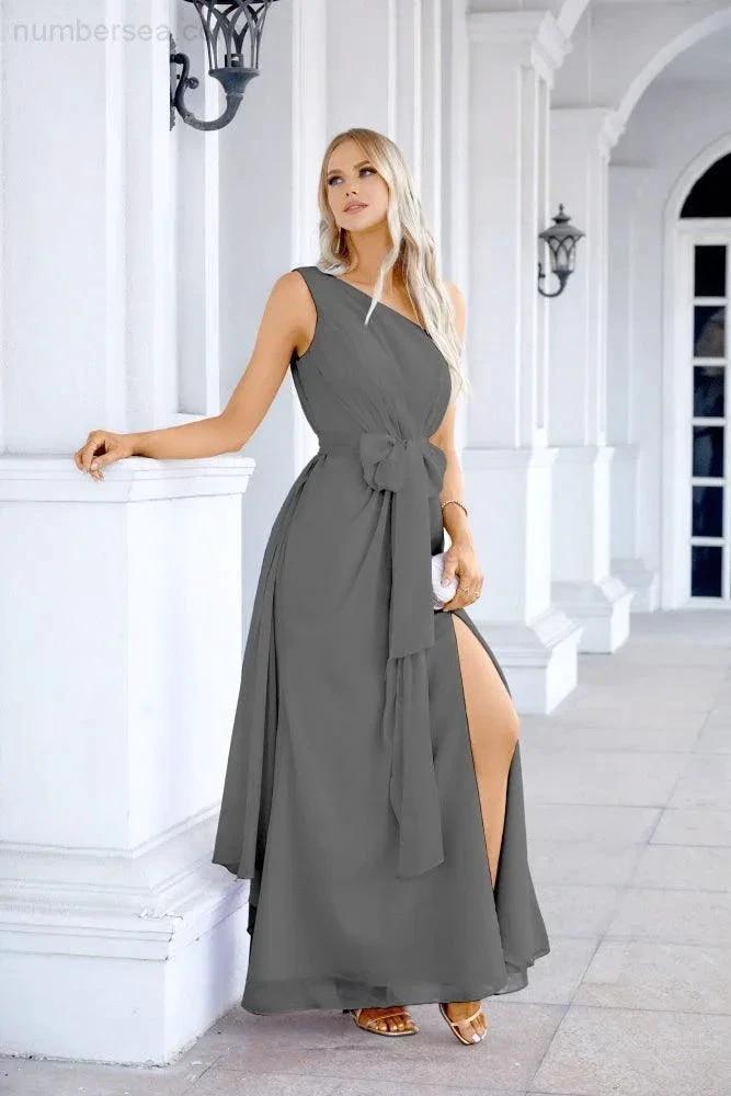 Ladies Chiffon One Shoulder Bridesmaid Evening Dress Wedding Party Evening Dress 28133 by numbersea