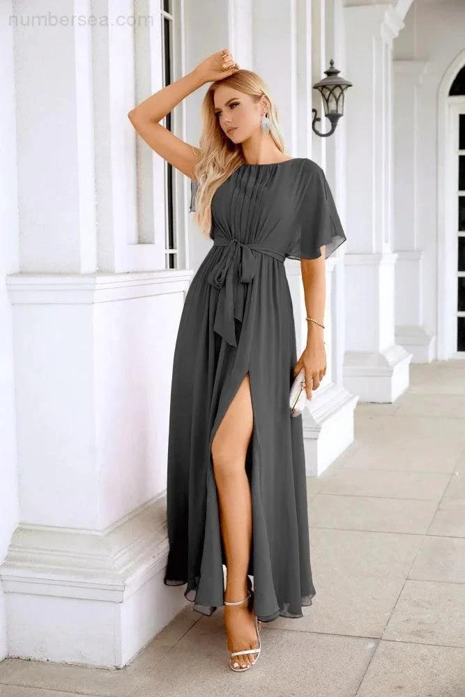Ladies Chiffon Sleeve Crew Neck Front Slit Floor Length Bridesmaid Evening Dress Wedding Party Evening Dress 28124 by numbersea