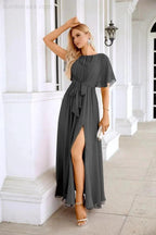 Ladies Chiffon Sleeve Crew Neck Front Slit Floor Length Bridesmaid Evening Dress Wedding Party Evening Dress 28124 by numbersea