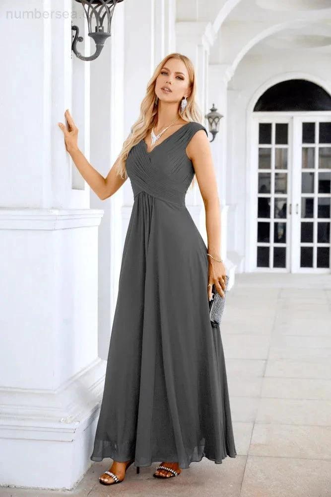 Ladies Chiffon V Neck Sleeveless Floor Length Bridesmaid Evening Dress Wedding Party Evening Dress 28126 by numbersea
