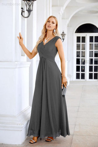 Ladies Chiffon V Neck Sleeveless Floor Length Bridesmaid Evening Dress Wedding Party Evening Dress 28126