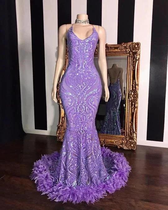 Sleeveless Halter Mermaid Prom Dress with Sequins and Feather Detail by BIZTUNNEL