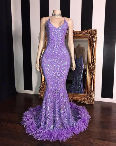 Sleeveless Halter Mermaid Prom Dress with Sequins and Feather Detail