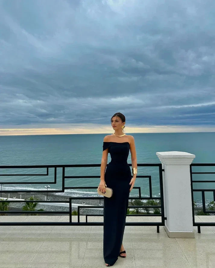 Black One Shoulder Long Sheath Evening Dress Strapless Party Prom Dress Y7559 by simplepromdress