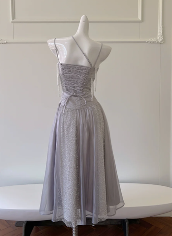 Classy Purple Sequins Tulle Beaded Tassel Prom Dress A Line Evening Dress Y8586