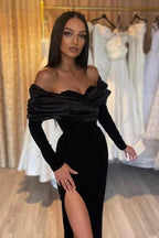 Strapless Sleek Black Mermaid Prom Dress with Long Sleeves and Stylish Slit by BIZTUNNEL